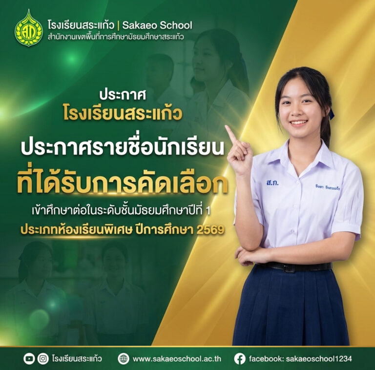 ประกาศรายชื่อนักเรียนที่ได้รับการคัดเลือกเข้าศึกษาต่อในระดับชั้นมัธยมศึกษาปีที่ 1